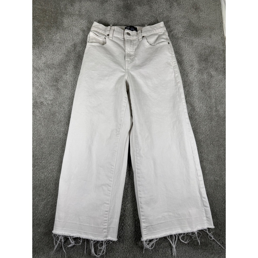 Gap Denim Womens High Rise Wide Leg Crop Jeans Off White Frayed Hem 4/27S